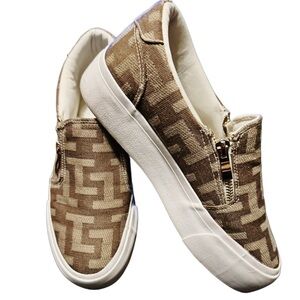 Show Dazzle- Beige Monogram Slip-On Sneakers w/ Side Zip Detail